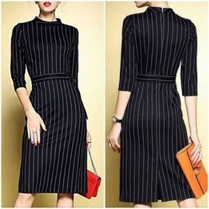 LONYUASH Elegant Black Vertical Striped Sheath Belted 3/4 Sleeves Office Dress S